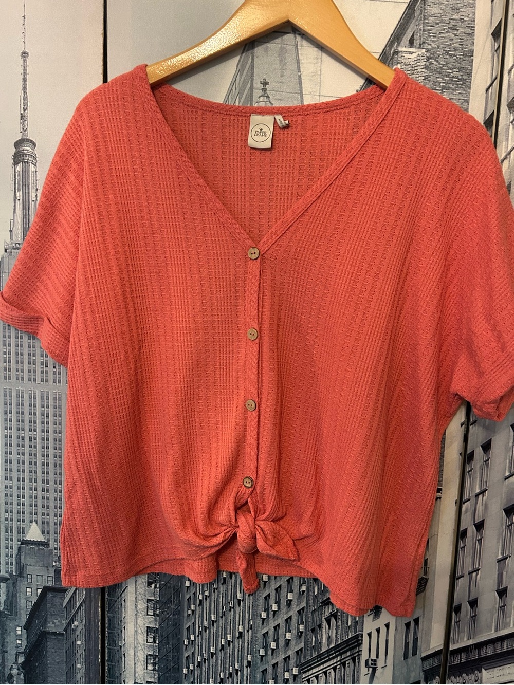 Paper Crane - Coral Button-Front Tie Hem Crop Top